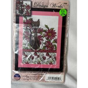 New! Cross Stitch Kit ~ Design Works Pink Floral Cat Sitting on a‎ Wall #DW2806